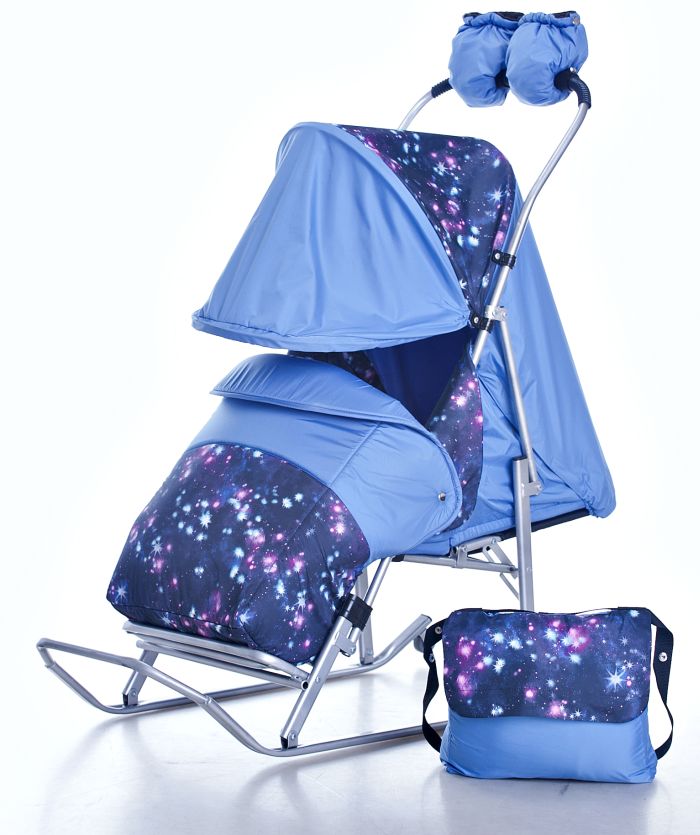 Санки коляска Kristy Luxe Comfort голубой/Звездное небо Санки коляска Kristy Luxe Comfort голубой/Звездное небо