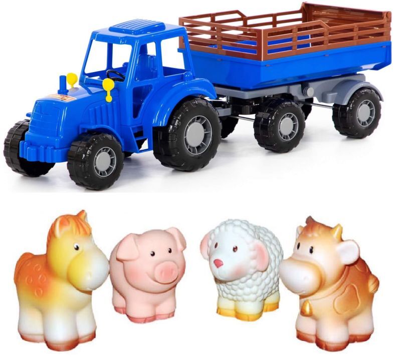 Игрушечный синий трактор 28 см с прицепом и животными