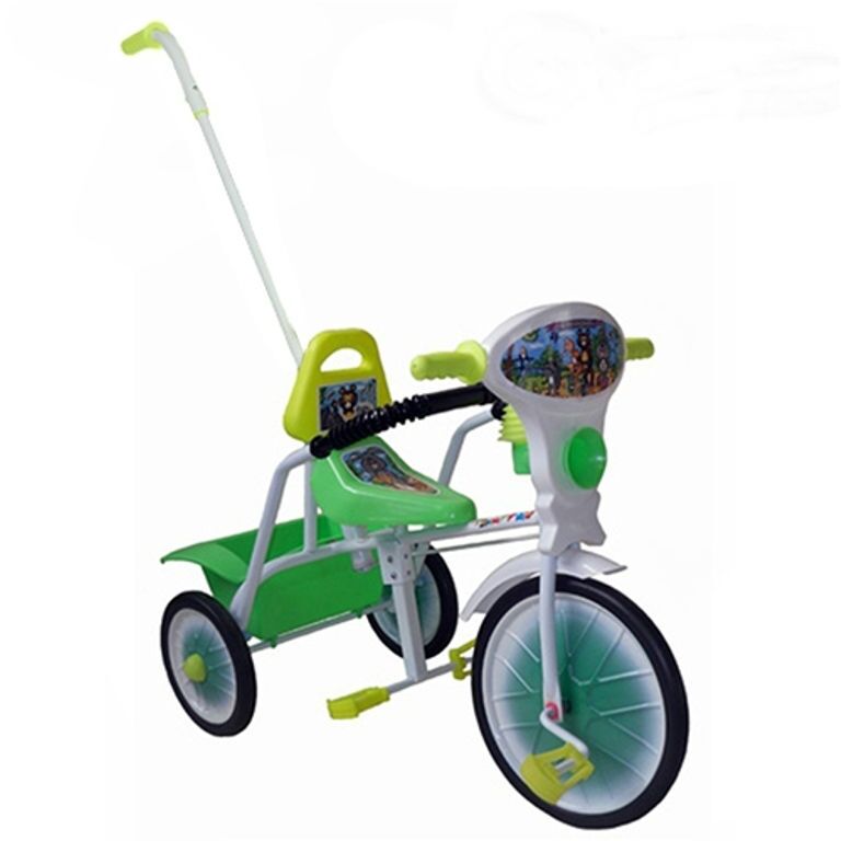 Детский-велосипед трёхколёсный с ограждением, подножкой, ручкой, спинкой, кузовом 