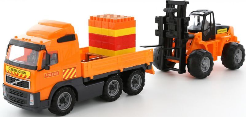 Игрушка грузовик Volvo + автопогрузчик с конструктором в коробке