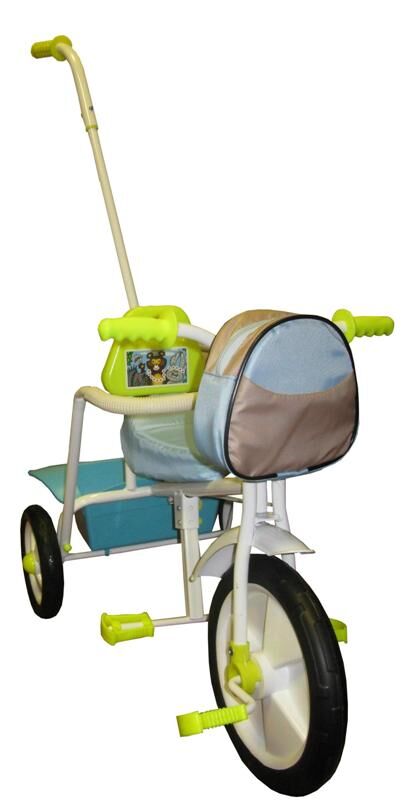 Детский-велосипед трёхколёсный с ограждением, подножкой, ручкой, спинкой, кузовом, сумкой пластиковые колёса