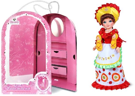 Кукла Анастасия в дымковском костюме в коробке-шкаф