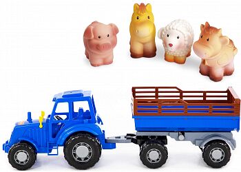 Игрушка синий трактор 21 см с прицепом и домашними животными