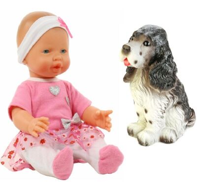 Кукла пупс и собачка спаниель из резины