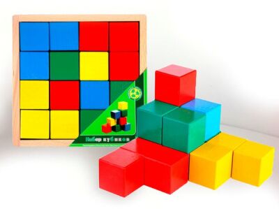 Набор деревянных цветных кубиков 16 шт. в деревянной коробке