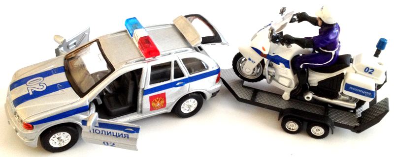 Игрушка машинка БМВ Х5 Полиция с прицепом и мотоциклом