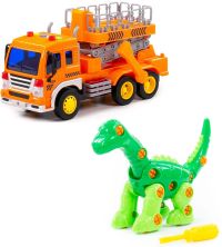 Игровой набор грузовик с подъемной платформой и Диплодок разборный