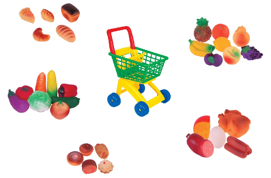 Игровой набор продуктов, фруктов, овощей в магазинной тележке