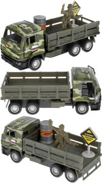 Игрушечная военная машинка Камаз 65207 со знаком, фигуркой и бочкой 12 см