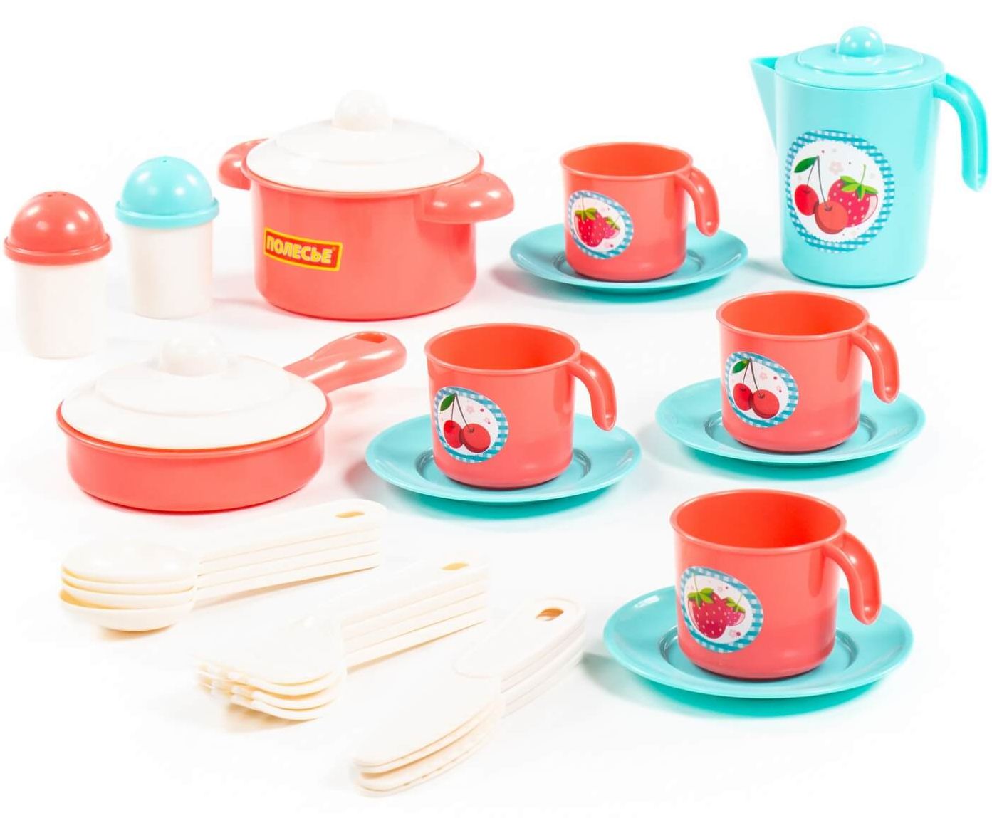 Игровой набор детской посуды на 4 персоны красно-бирюзовый
