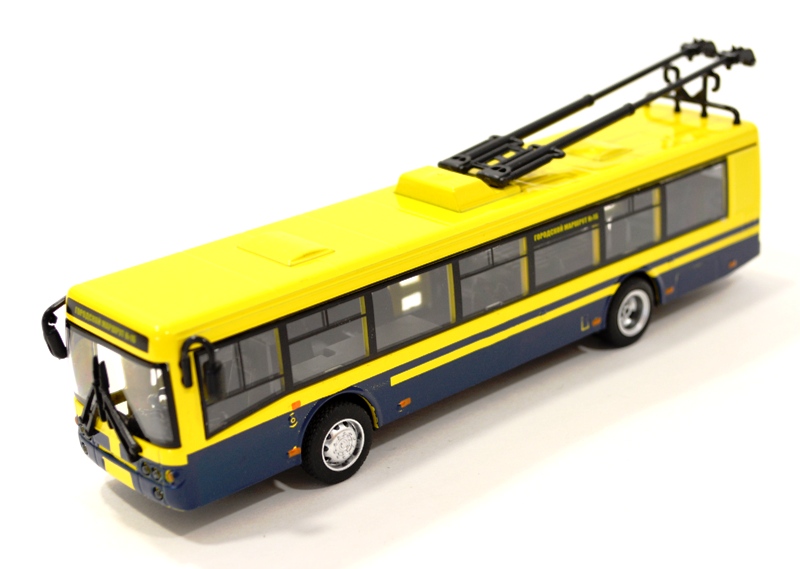 Игрушечный троллейбус желтый с синим 16 см