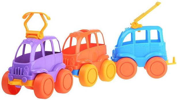 игрушка трамвайчик может сцепляться с другими машинками этой серии по типу "паровозика"