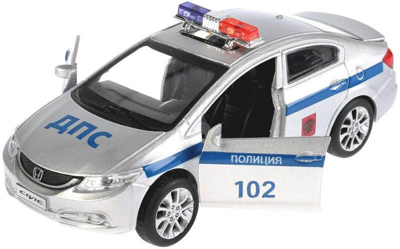 Полицейская машинка Honda Civik имеет открывающиеся передние двери и заднюю крышку багажника. igrushechnaya-policejskaya-mashinka-honda-civic-02.jpg