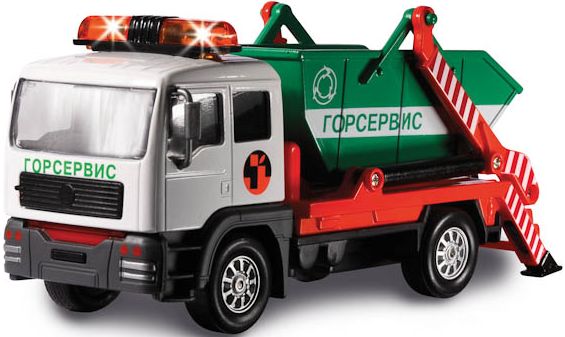 При нажатии на кнопочку за мигалками у мусоровоза начинают светится светодиоды и слышен звук роботы двигателя. igrushechnyj-musorovoz-gorservis-02.jpg